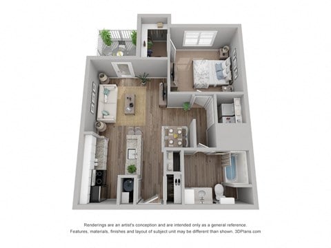Floor plan for 1 bed, 1 bath, 691 sqft